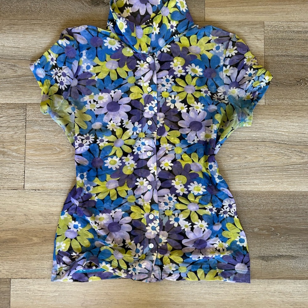 Vibrant Floral Button Down Shirt - Blue, Purple, Yellow
